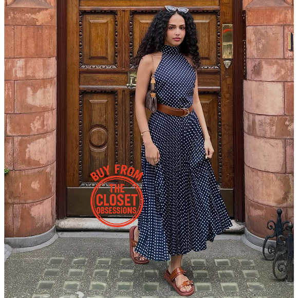 ZARA BLOGGER FAVE!!! Belted Pleated Halter Midi Dress NWT 💙 - Picture 7 of 16